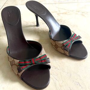 Gucci Vintage Monogram Kitten Heels, beige ebony in color